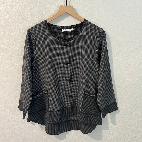 Habitat Lightweight Black‎ & White Grid Print Cropped Sleeve Jacket Lagenlook - Picture 1 of 13
